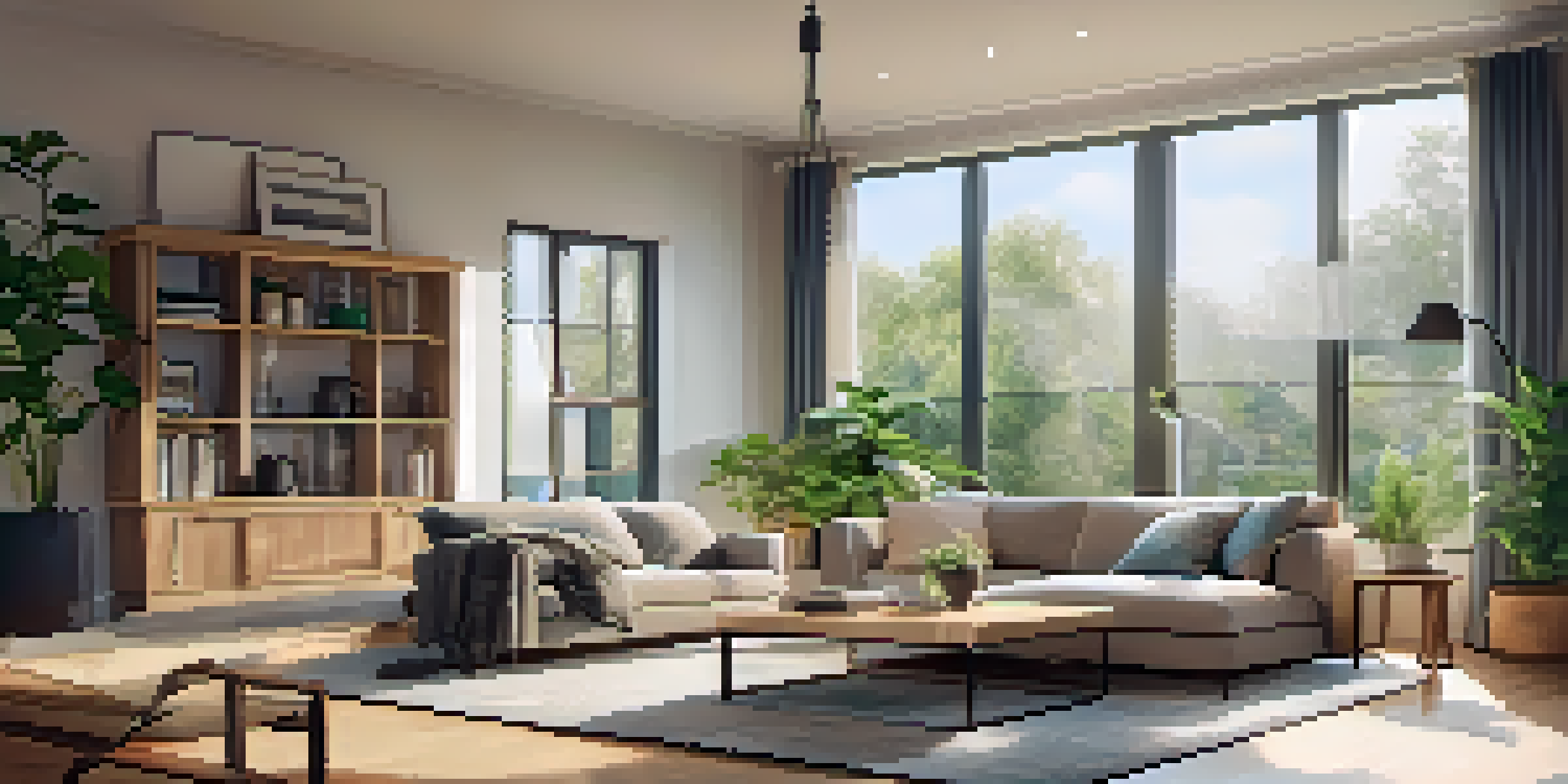 A warm and inviting living room filled with natural light, featuring energy-efficient appliances and comfortable furniture.