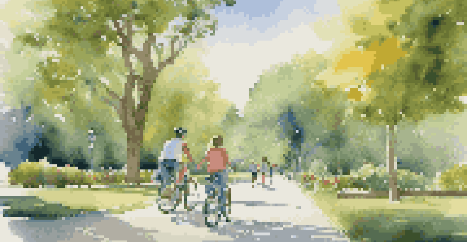 A family enjoying outdoor activities like walking and biking in a park.