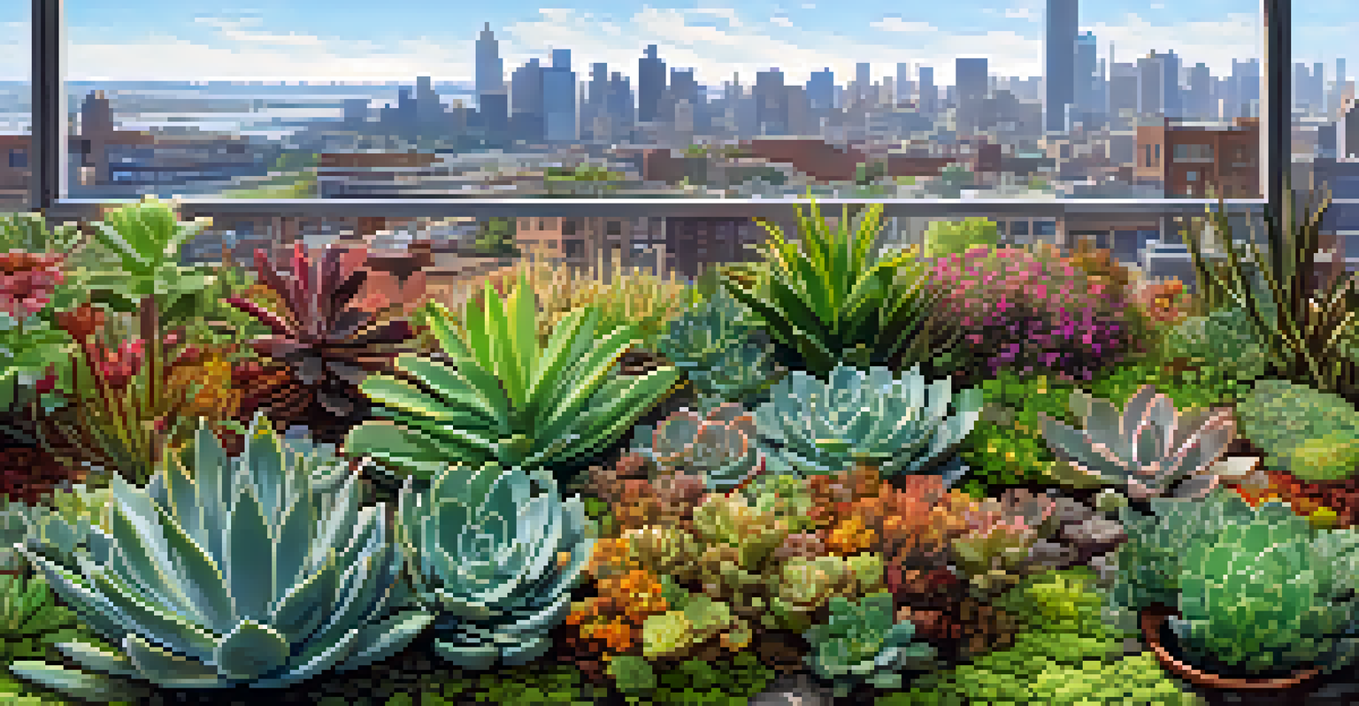 Close-up of a green roof featuring diverse plant species against a blurred cityscape background.