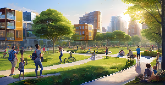 A lively urban park filled with people engaging in various activities, surrounded by green trees and smart technology, under a warm sunlight.