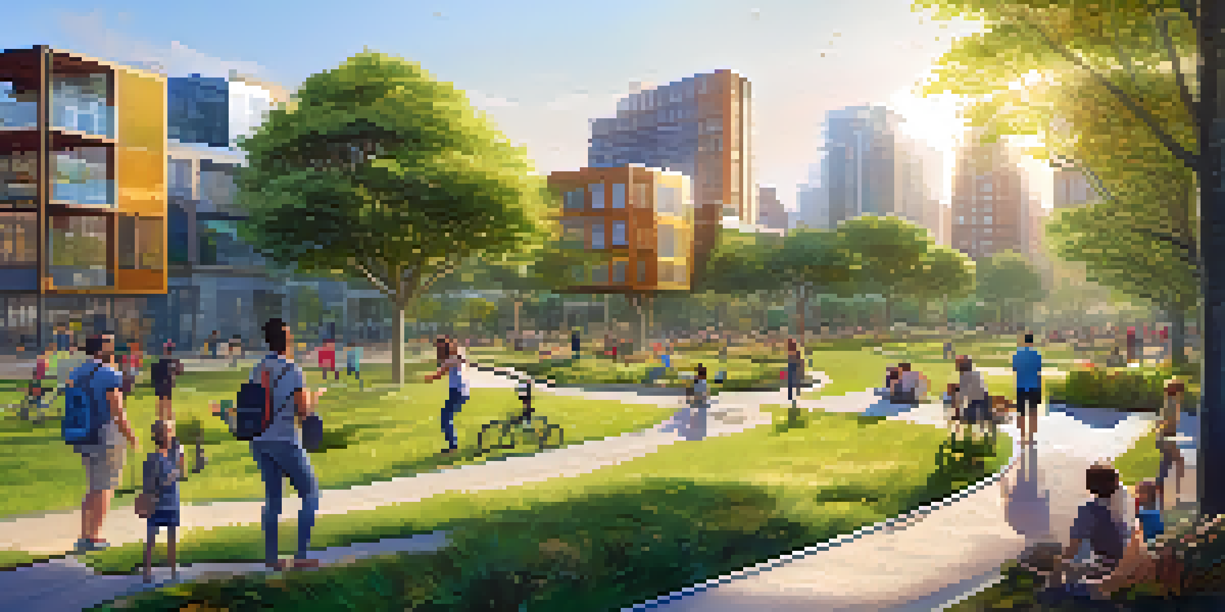 A lively urban park filled with people engaging in various activities, surrounded by green trees and smart technology, under a warm sunlight.