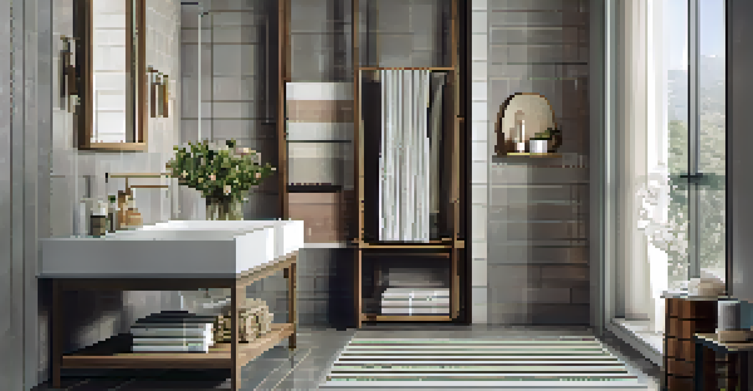 A cozy bathroom featuring textured geometric tiles, a plush rug, and classic striped towels, creating a timeless aesthetic.