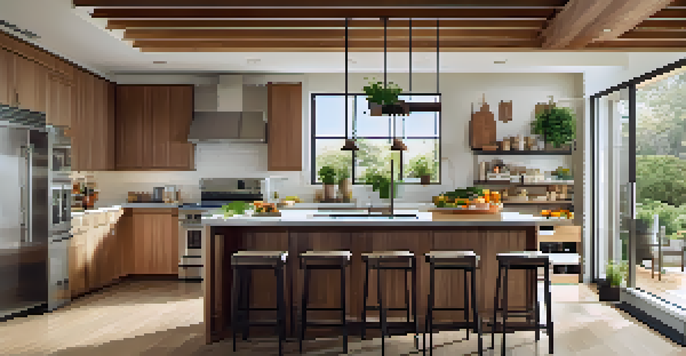 A modern kitchen with stainless steel appliances, a wooden island, and natural light from large windows.