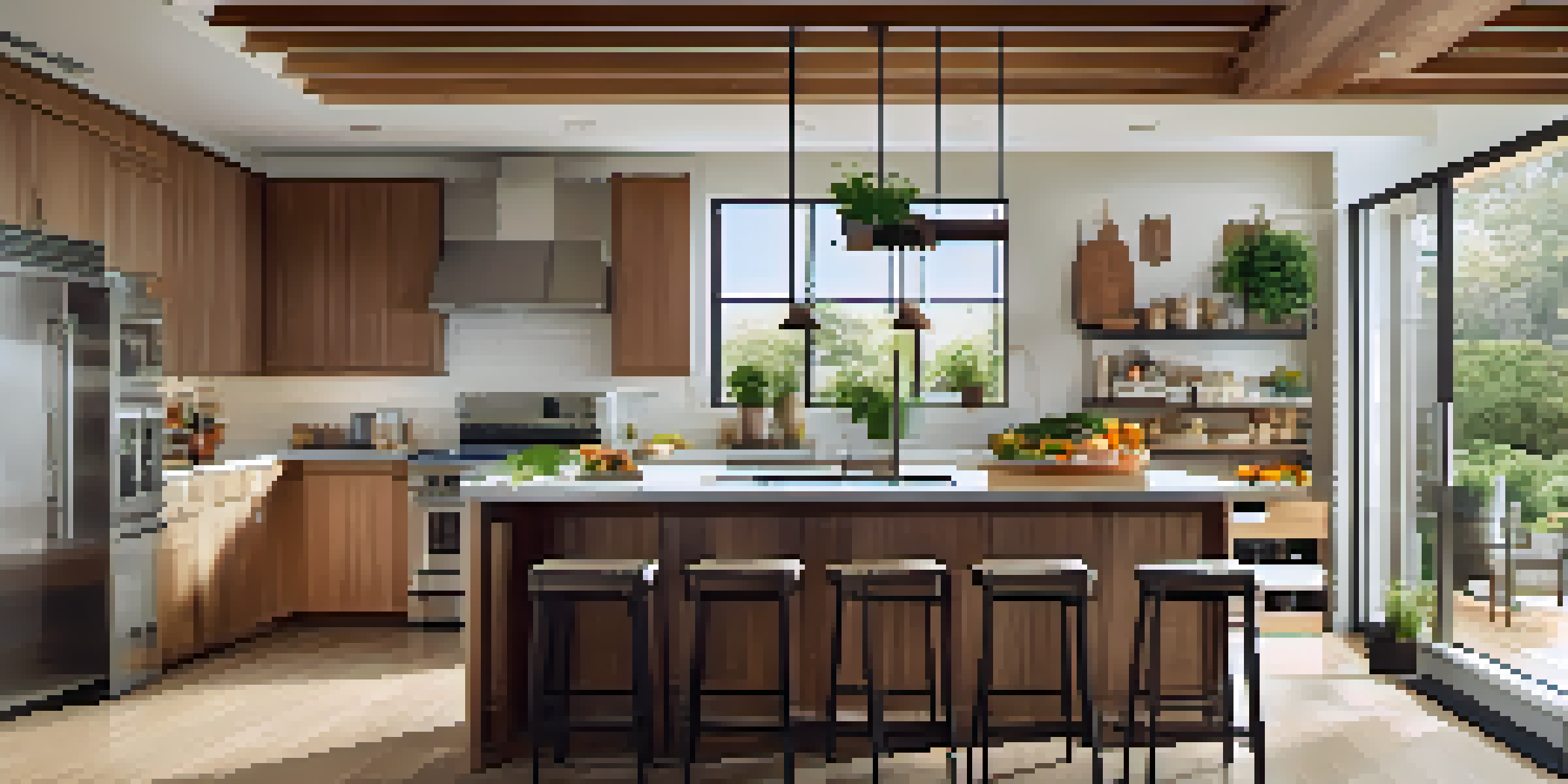 A modern kitchen with stainless steel appliances, a wooden island, and natural light from large windows.