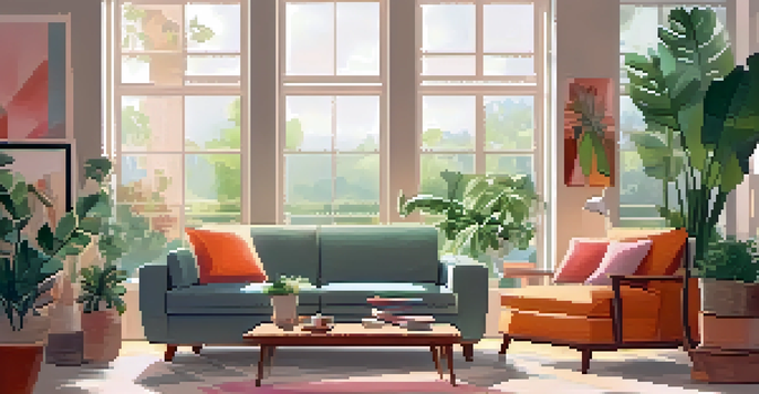 A bright and cozy modern living room with sunlight streaming through a large window, featuring a comfortable sofa with colorful cushions and a coffee table with books and a cup of coffee.