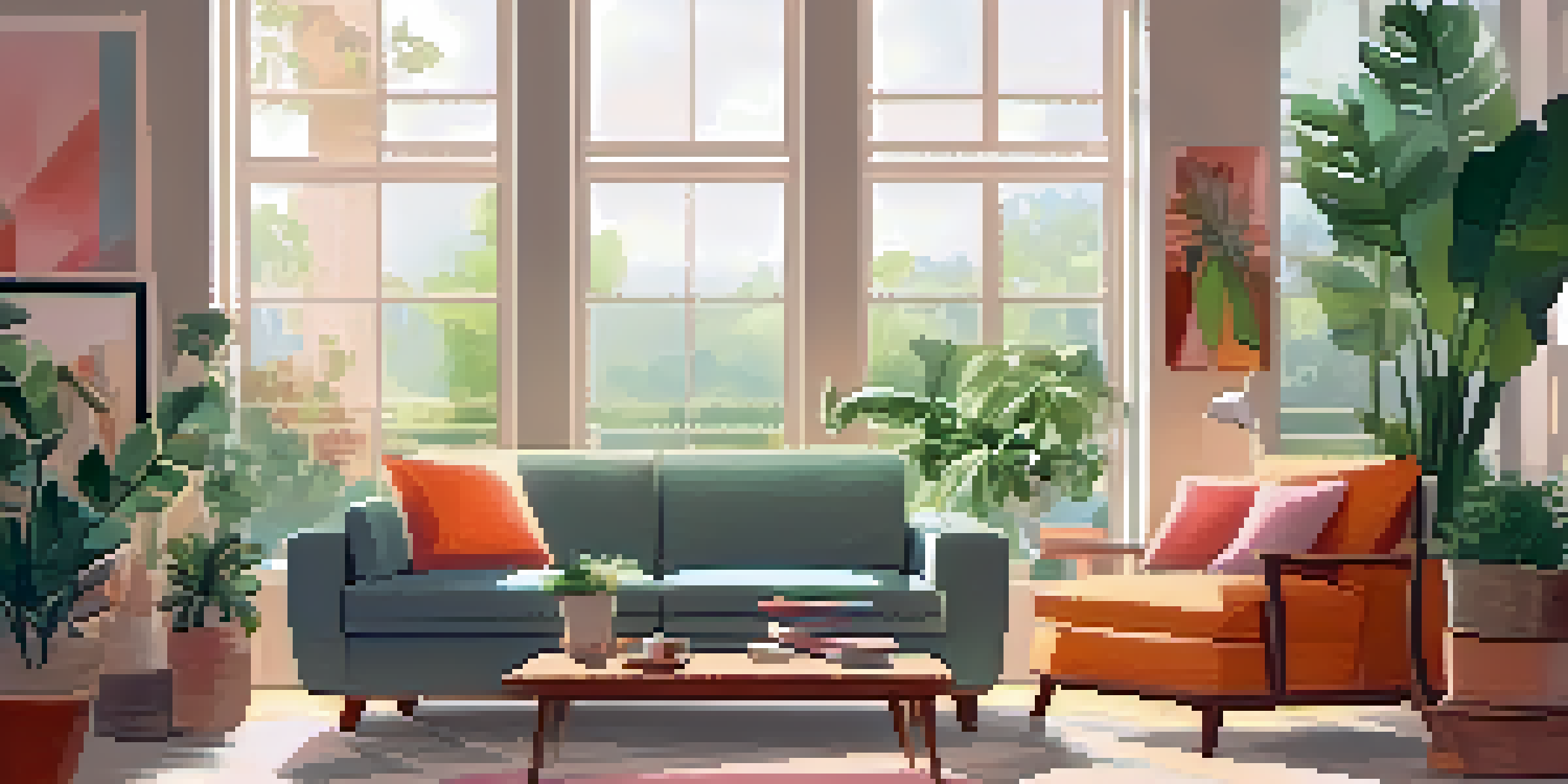 A bright and cozy modern living room with sunlight streaming through a large window, featuring a comfortable sofa with colorful cushions and a coffee table with books and a cup of coffee.