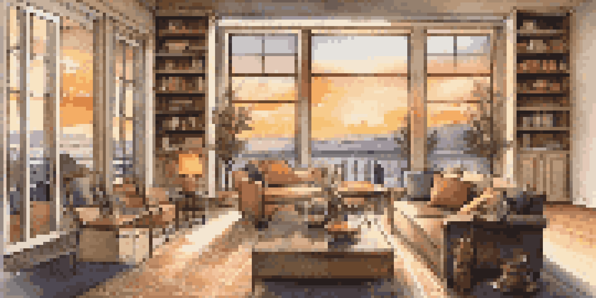 A cozy living room with large windows and a sunset view, featuring elegant furniture and warm lighting.