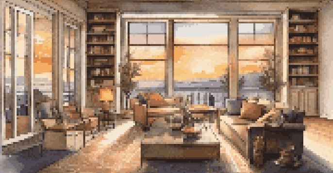 A cozy living room with large windows and a sunset view, featuring elegant furniture and warm lighting.