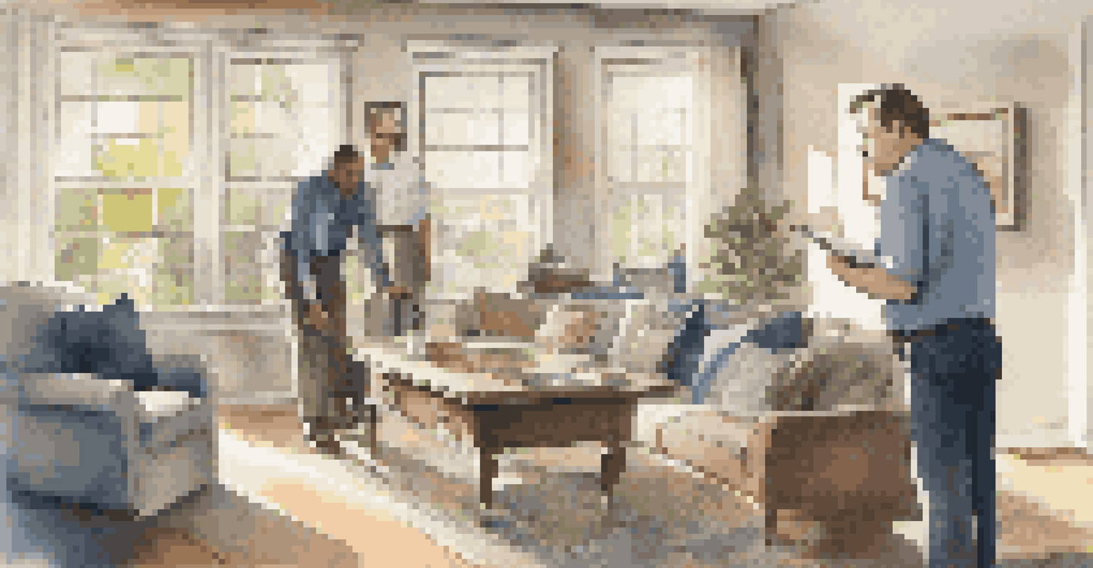 A home inspector and a homebuyer discussing maintenance tips in a well-lit living room.
