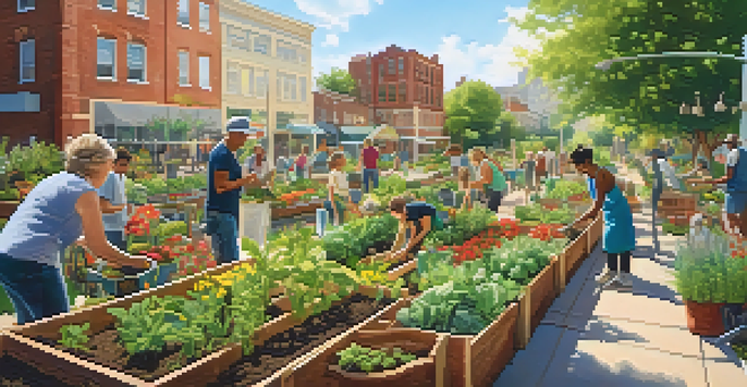 A lively community garden in an urban area with people planting and tending to various plants under sunny skies.