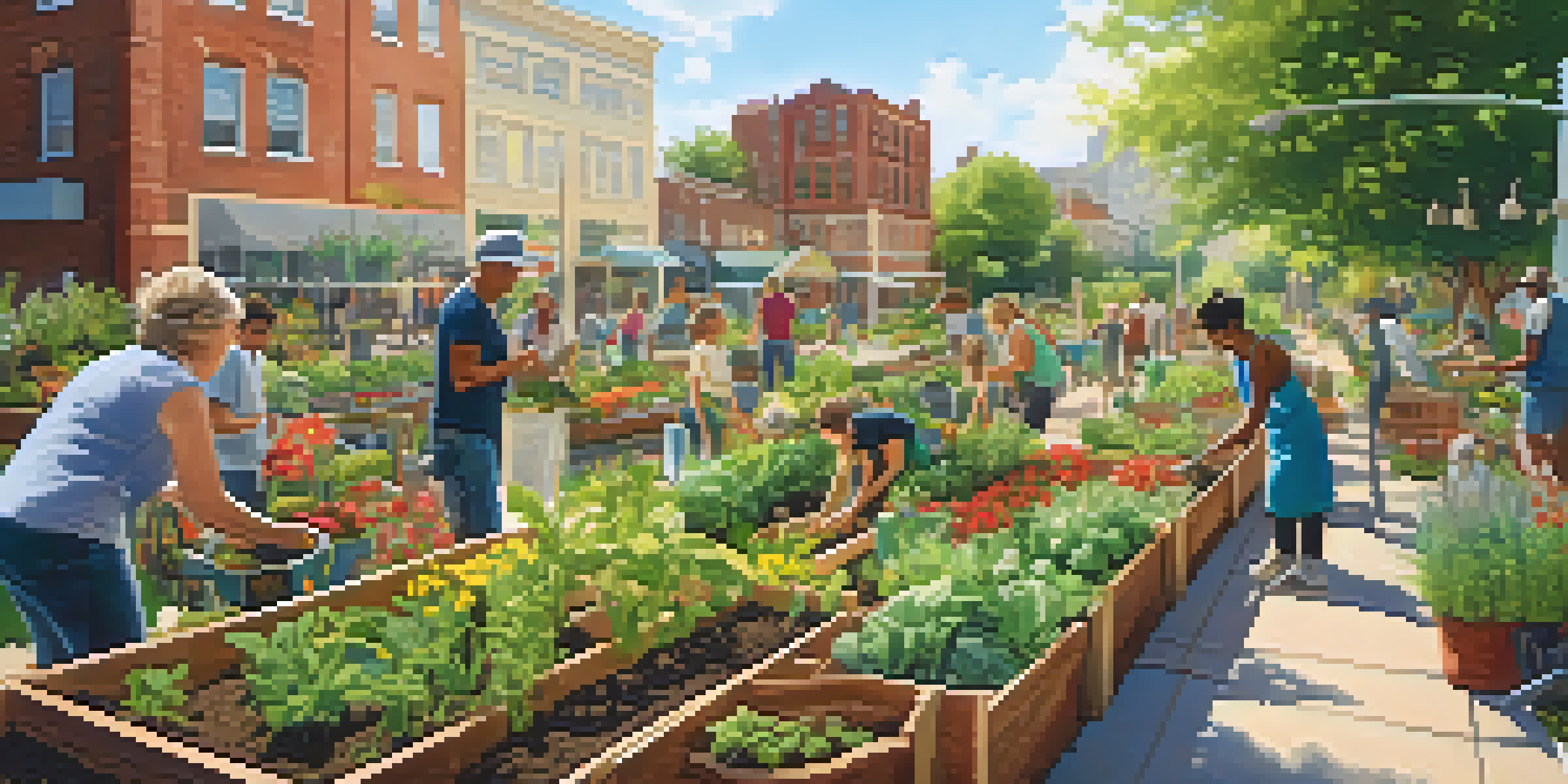 A lively community garden in an urban area with people planting and tending to various plants under sunny skies.