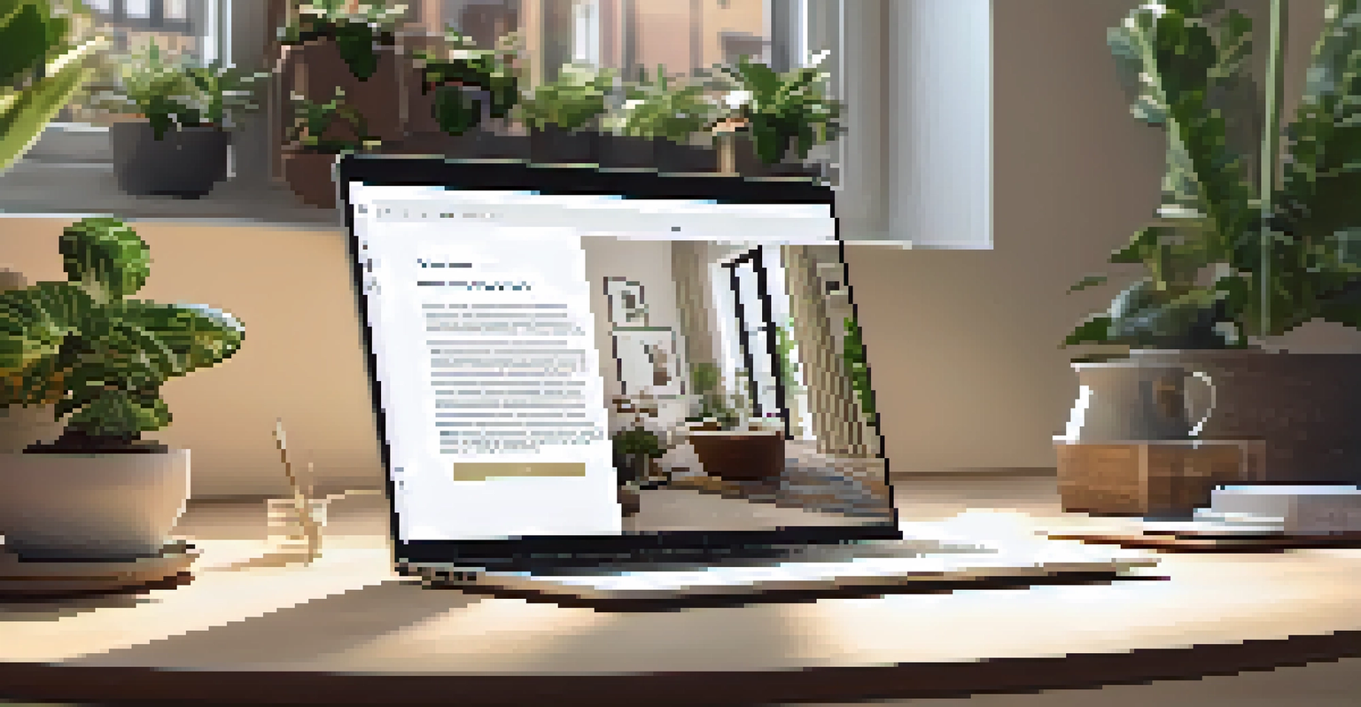 A laptop displaying a rental listing with a stylish room photograph, set in a cozy workspace filled with warm lighting and greenery.