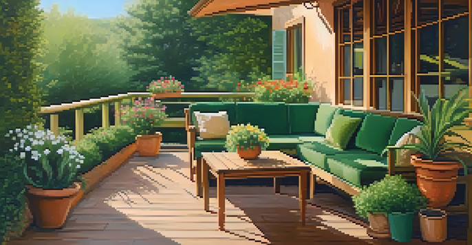 A cozy outdoor patio with olive green furniture on a wooden deck, surrounded by lush greenery and colorful flowers in terracotta pots under soft sunlight.