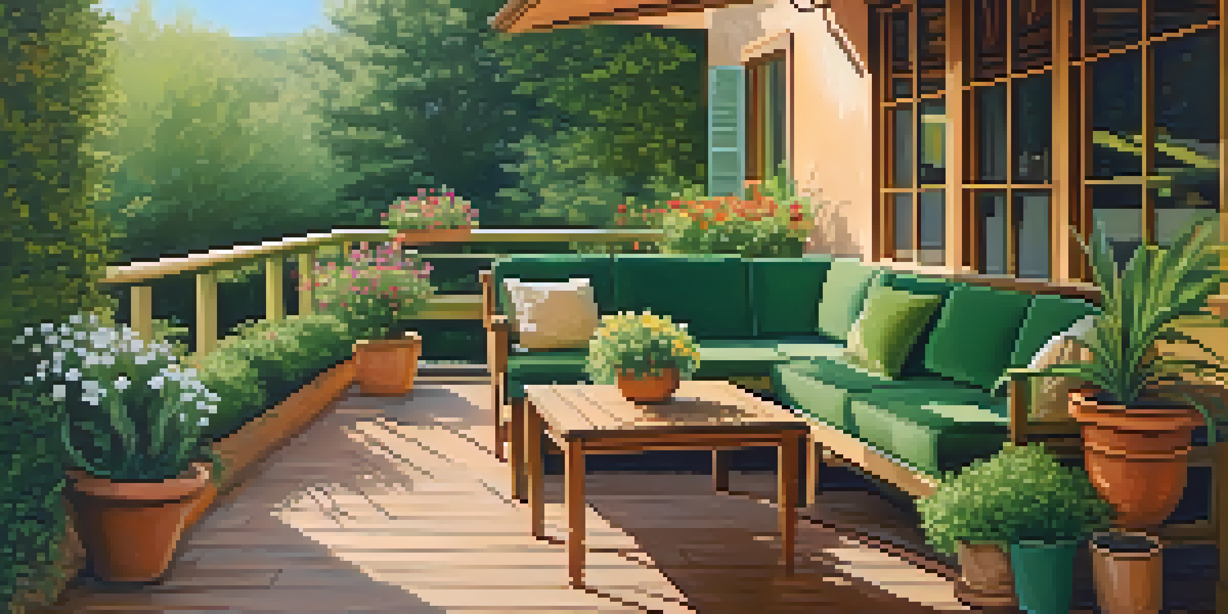 A cozy outdoor patio with olive green furniture on a wooden deck, surrounded by lush greenery and colorful flowers in terracotta pots under soft sunlight.