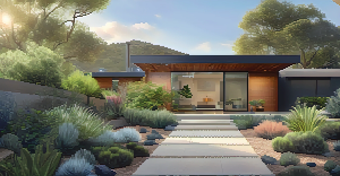 A modern home with a rainwater harvesting system and a beautiful garden of drought-resistant plants under a clear blue sky.