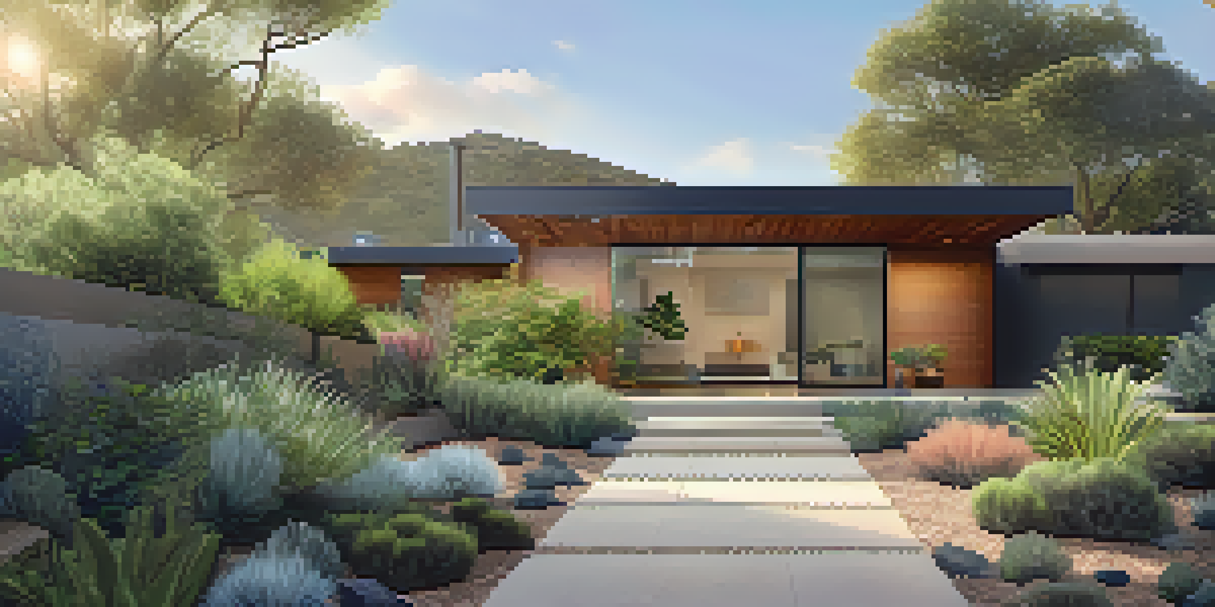 A modern home with a rainwater harvesting system and a beautiful garden of drought-resistant plants under a clear blue sky.