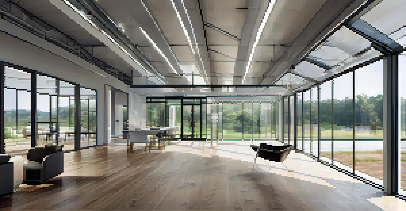 An interior of a modern prefabricated building with sleek walls and large windows allowing natural light.