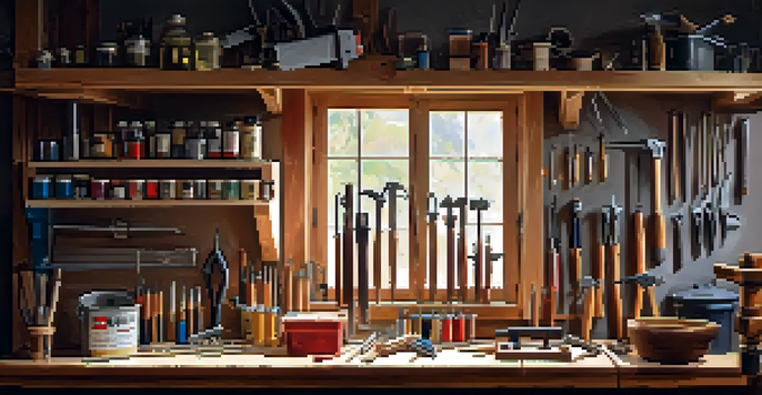 A home workshop with tools like a hammer, screwdrivers, and pliers organized on a pegboard and a wooden workbench.