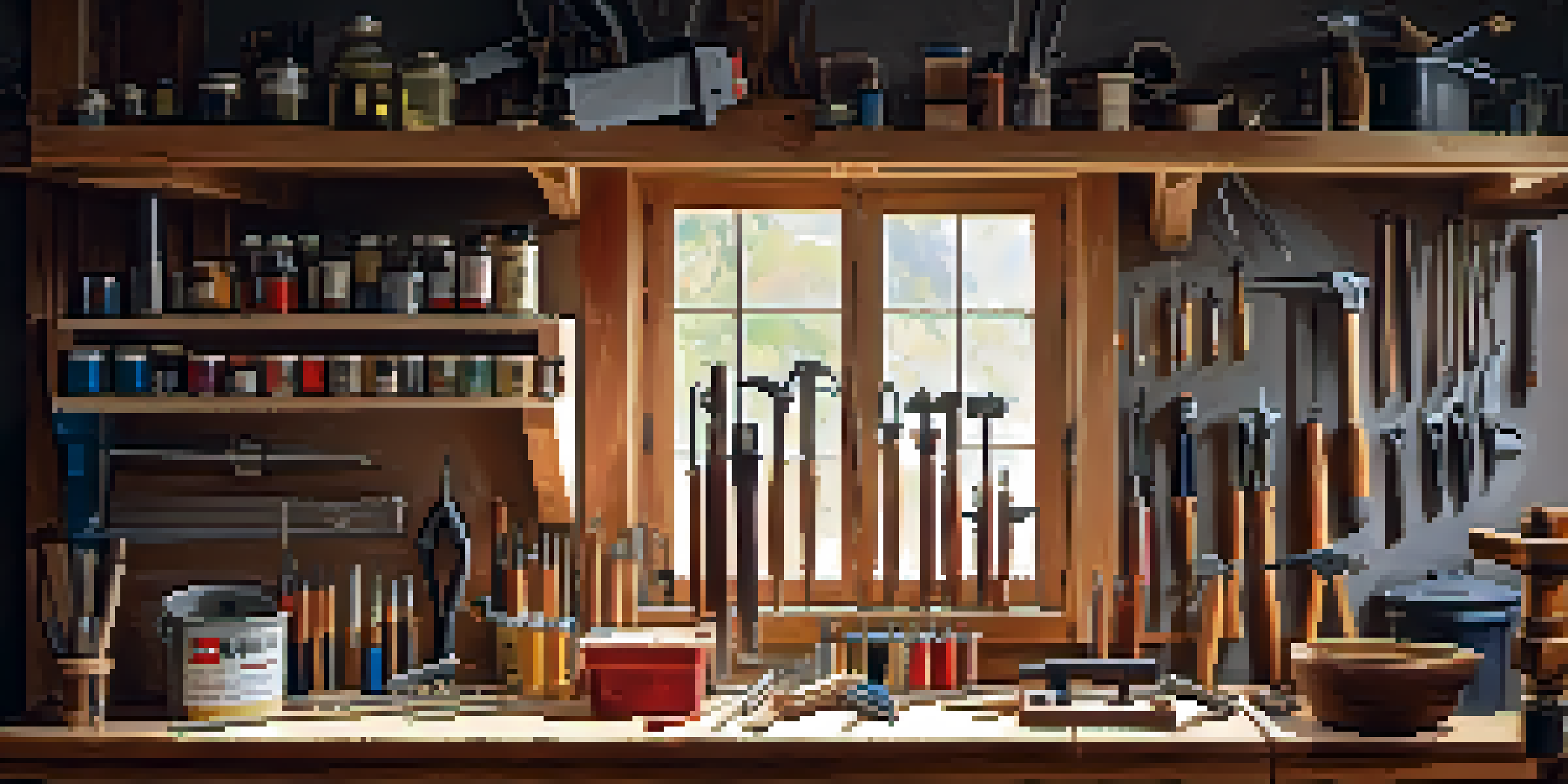 A home workshop with tools like a hammer, screwdrivers, and pliers organized on a pegboard and a wooden workbench.
