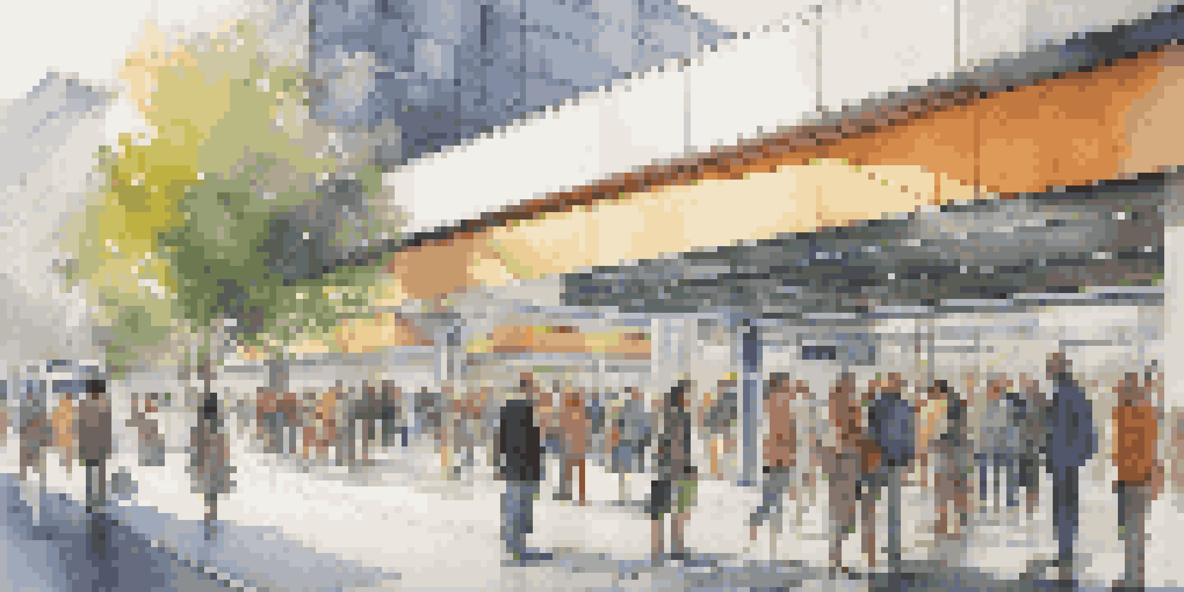 A modern public transport station with diverse people waiting, surrounded by greenery and city life.