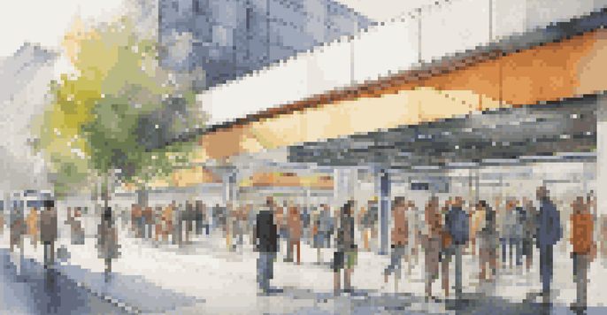 A modern public transport station with diverse people waiting, surrounded by greenery and city life.