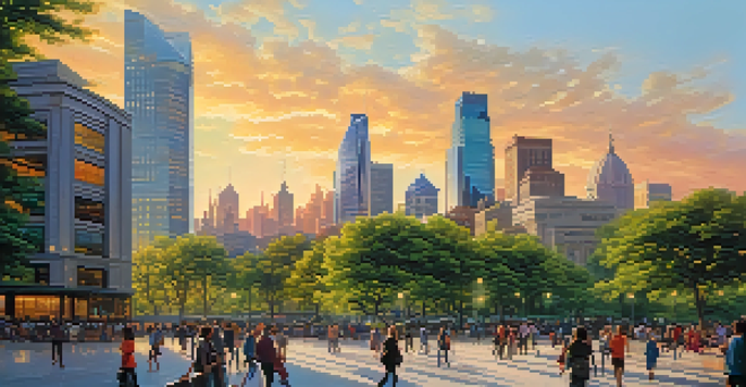 A vibrant urban skyline at sunset with skyscrapers and historic buildings, and people walking in a park.