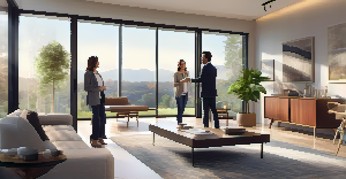 A real estate agent shows a young couple a modern home with large windows, highlighting the view and interior design.
