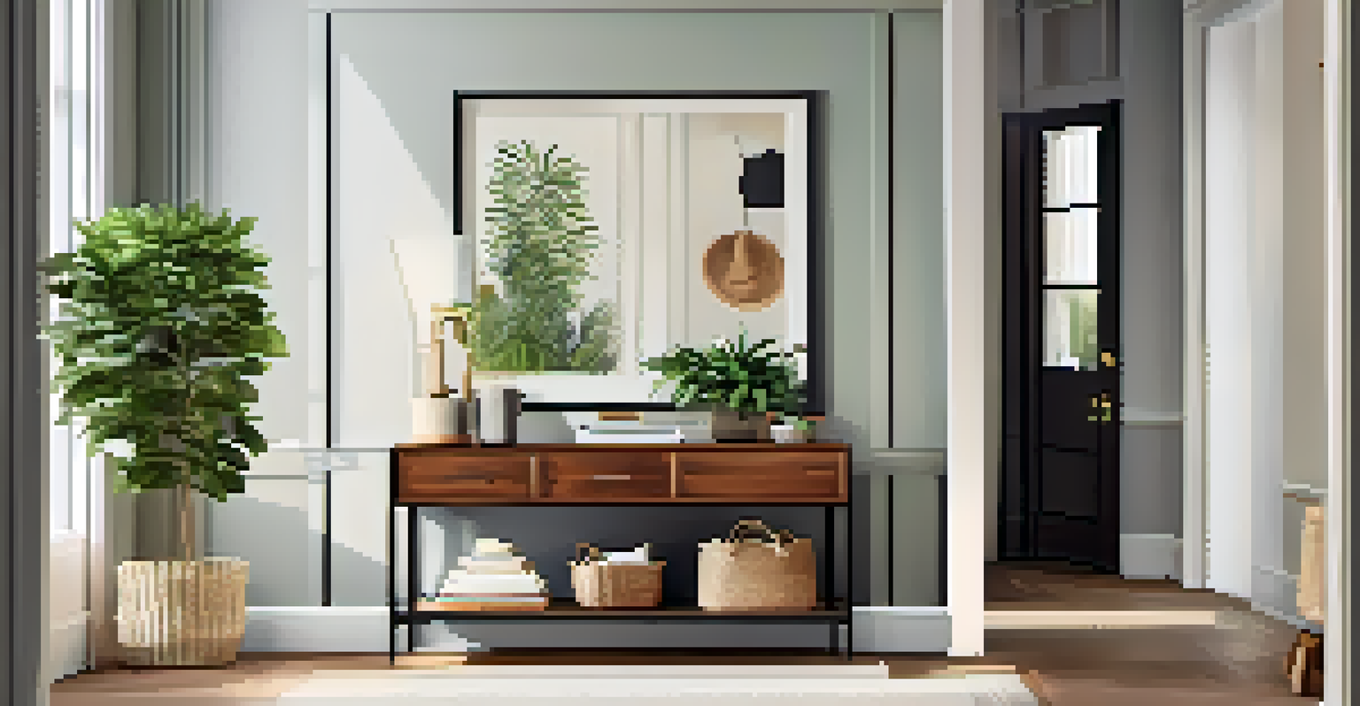 An organized entryway with a key tray, hooks for bags, a bookcase, and a mirror reflecting light.