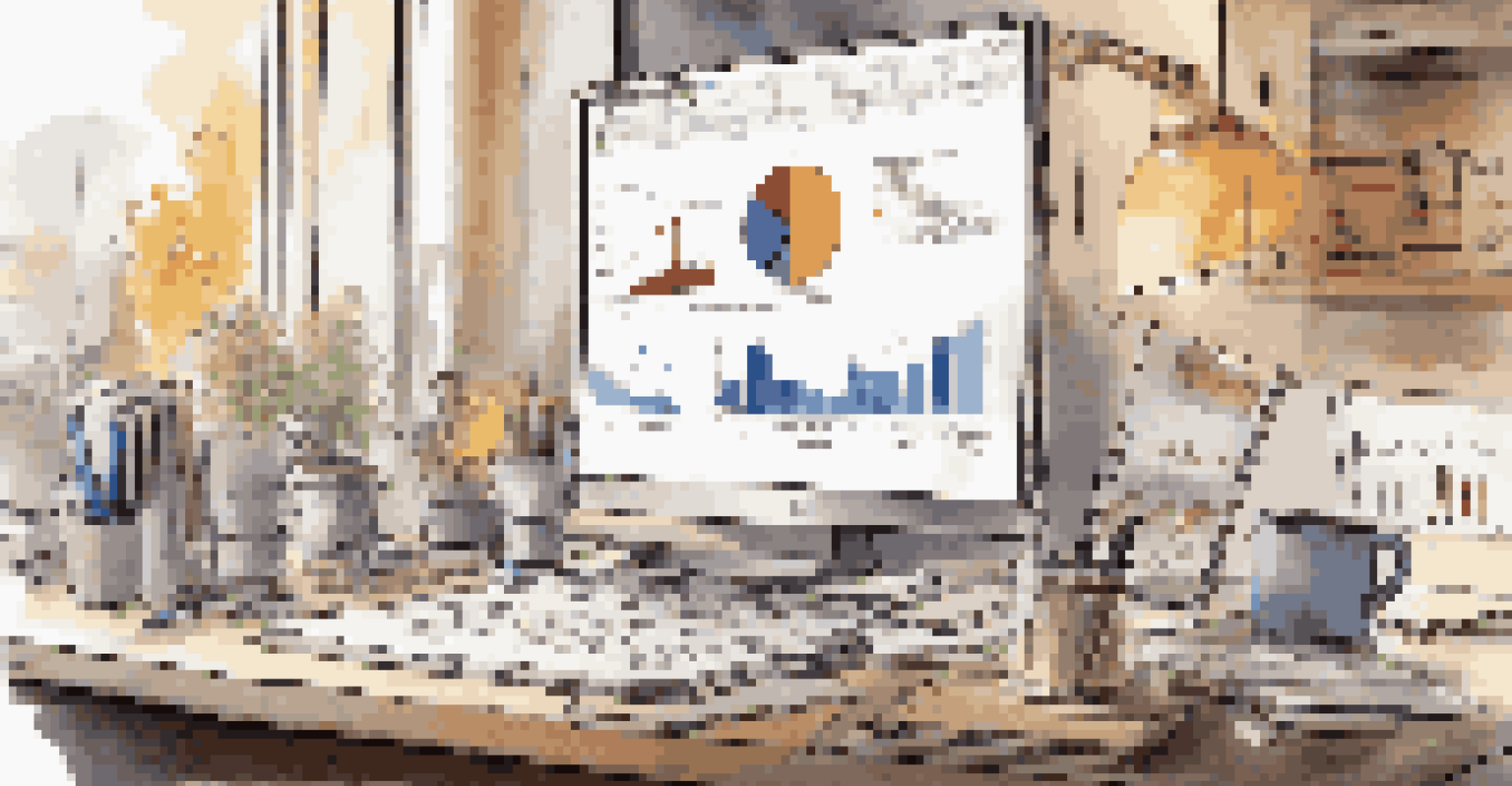 An office setting with a computer screen showing real estate data analytics, surrounded by documents and a warm ambiance.