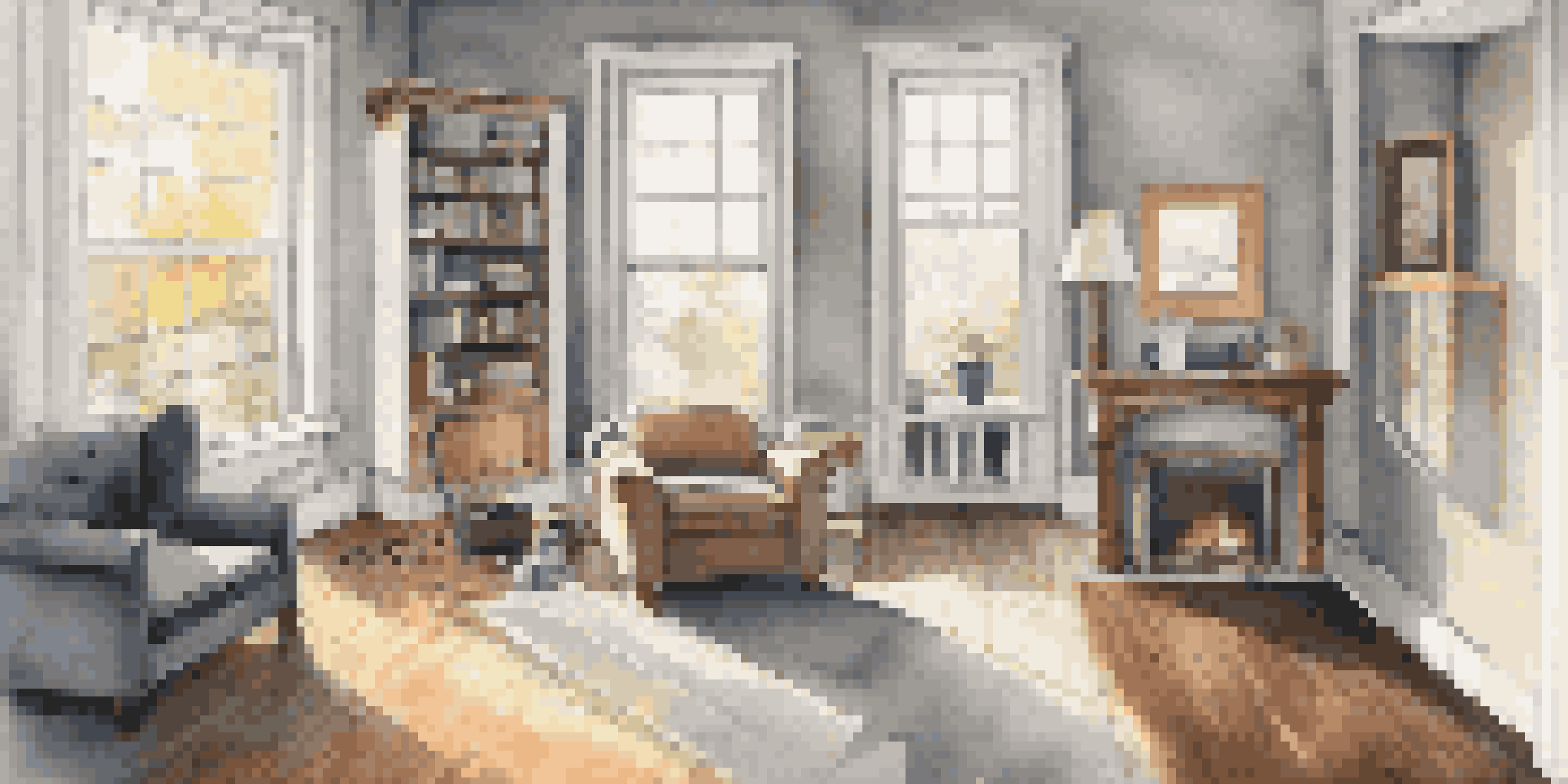 A cozy living room with a contractor renovating it, sunlight streaming through windows, and tools in the corner.