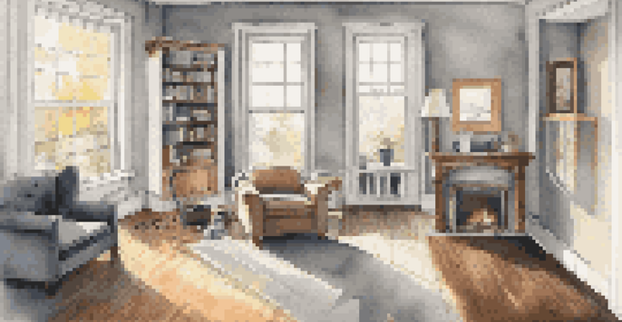 A cozy living room with a contractor renovating it, sunlight streaming through windows, and tools in the corner.
