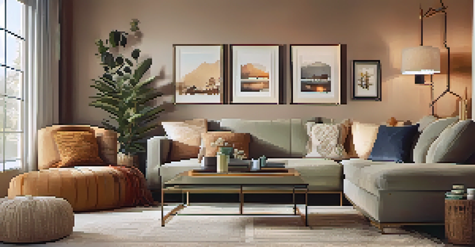 A cozy living room with a warm accent wall, family photos, and stylish lighting creating a welcoming atmosphere.