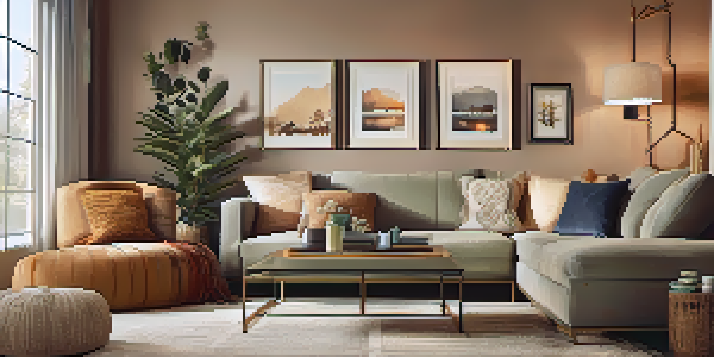 A cozy living room with a warm accent wall, family photos, and stylish lighting creating a welcoming atmosphere.
