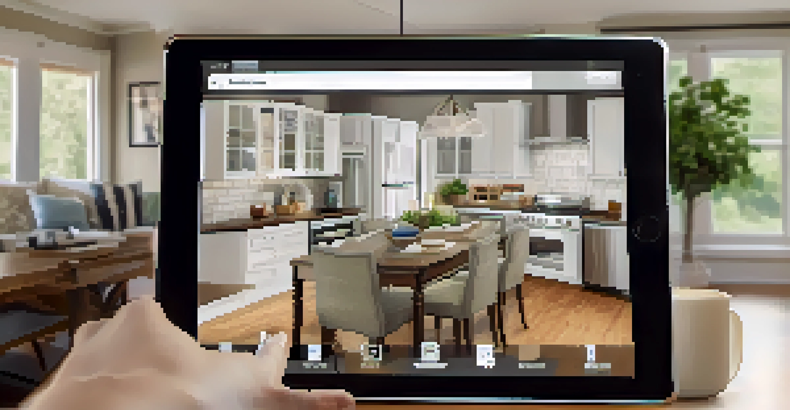 A tablet showing a virtual tour of a rental property with a focus on the kitchen and living area.