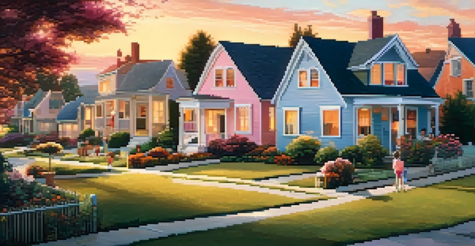 A peaceful sunset view of a residential neighborhood with houses and gardens, children playing, and neighbors interacting.