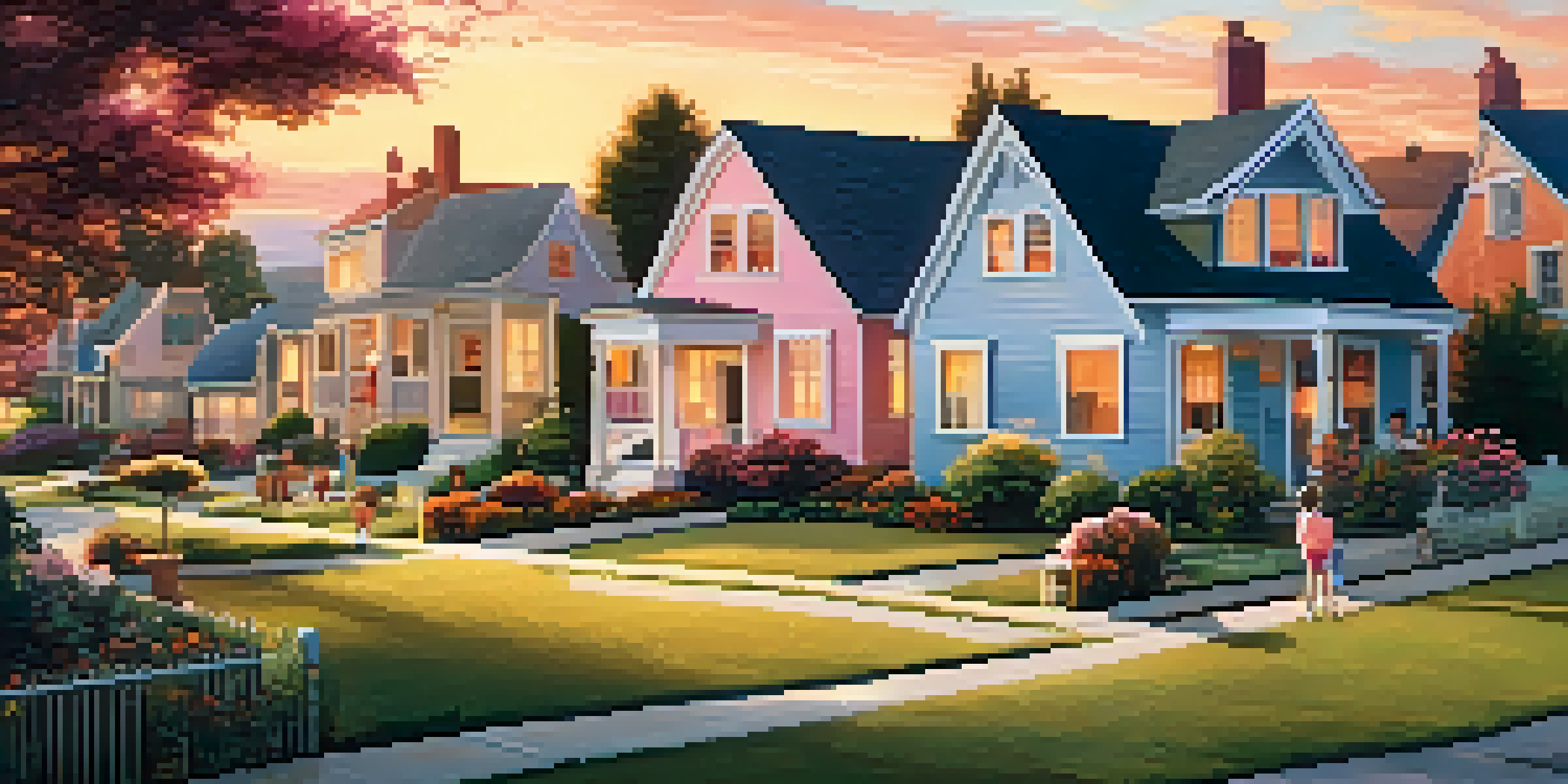 A peaceful sunset view of a residential neighborhood with houses and gardens, children playing, and neighbors interacting.