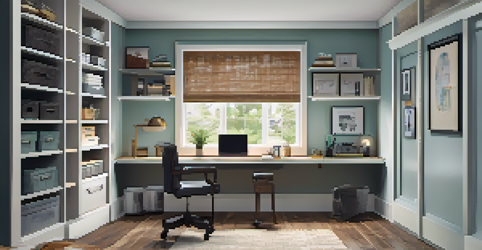 A transformed closet space into a functional home office with a desk, chair, and organized shelves, illuminated by natural light.