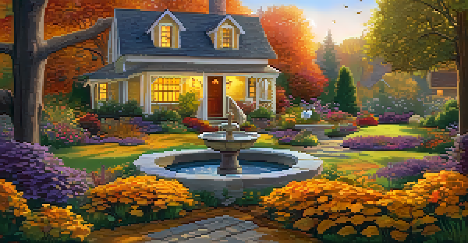 An autumn cottage garden filled with colorful flowers and leaves, warmly lit by the setting sun.