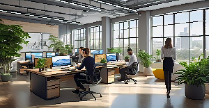 A bright and modern office with diverse professionals engaged in analyzing real estate data on laptops, surrounded by plants and contemporary furnishings.