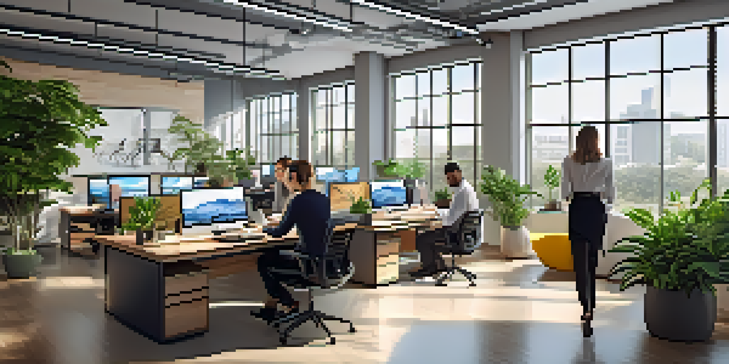 A bright and modern office with diverse professionals engaged in analyzing real estate data on laptops, surrounded by plants and contemporary furnishings.