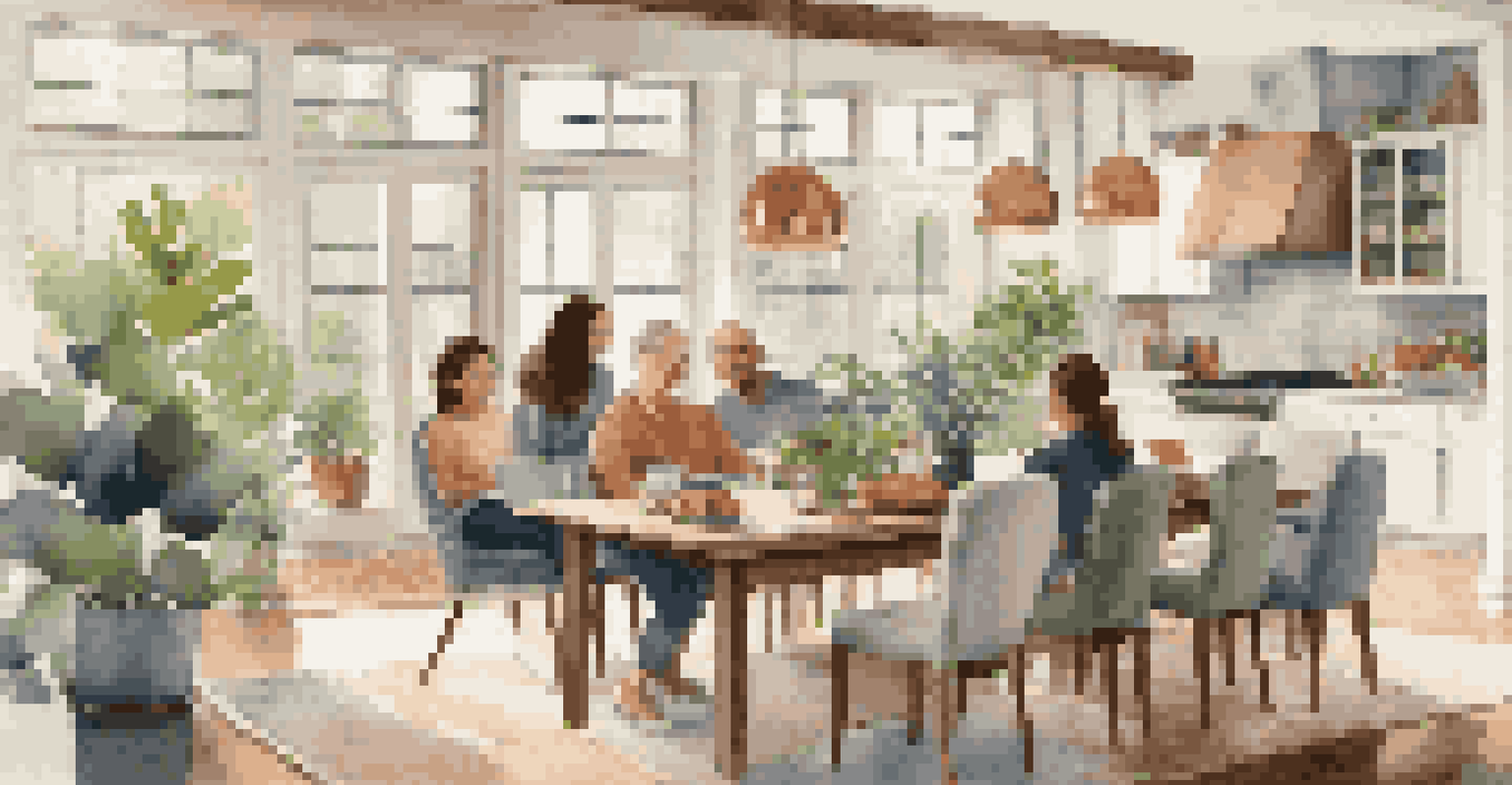 A family gathered in an open concept living area, with a dining table set for conversation and children playing in the background, surrounded by natural light.