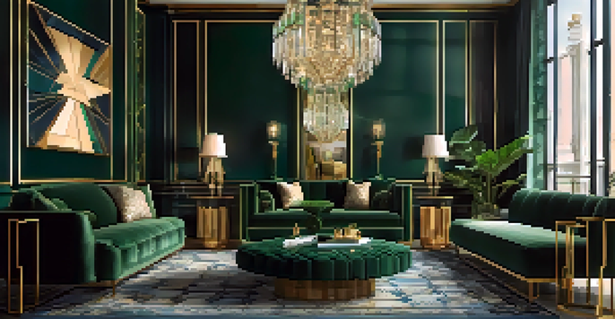 A luxurious living room styled in Art Deco, with a velvet armchair and geometric decor.