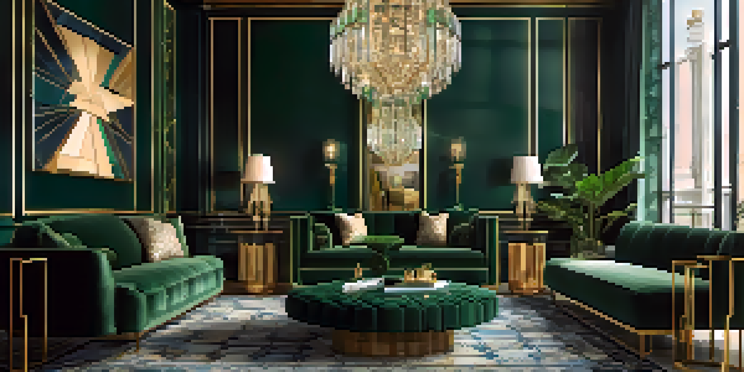 A luxurious living room styled in Art Deco, with a velvet armchair and geometric decor.