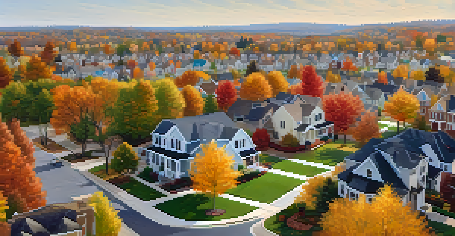 Aerial view of a suburban neighborhood in autumn, with colorful trees and children playing outside.