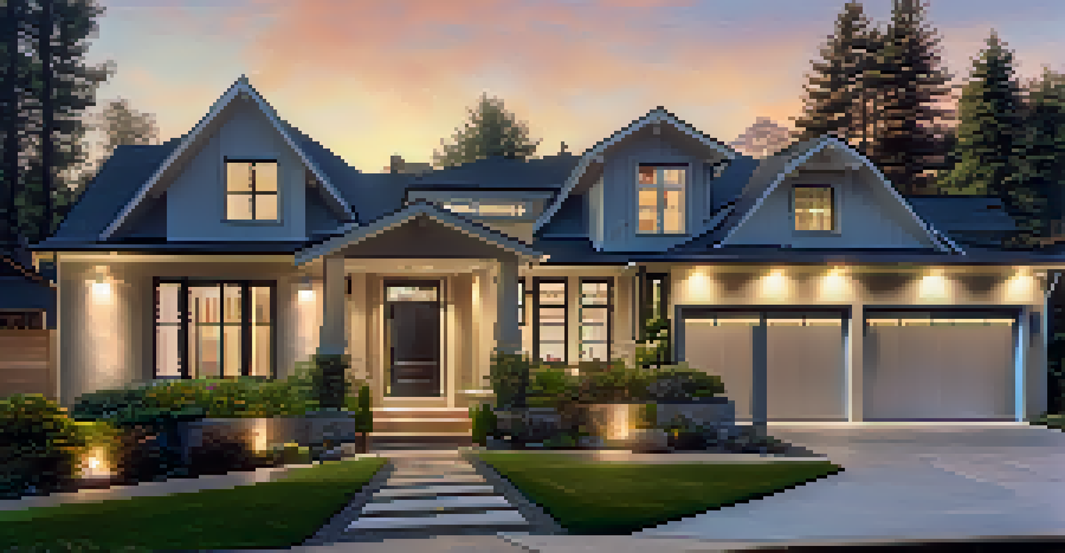 A modern home exterior showing a smart security system, well-maintained lawn, and warm exterior lighting at dusk.