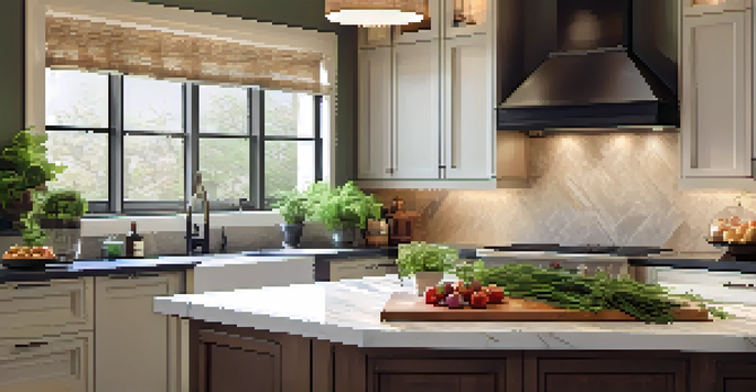 A remodeled kitchen with modern cabinetry and countertops, illuminated by warm sunlight with fresh herbs on the windowsill.