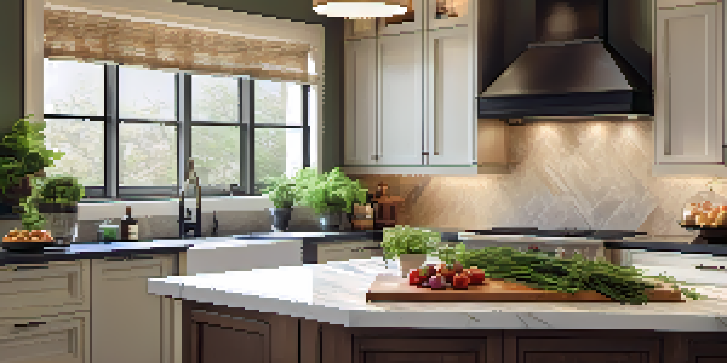 A remodeled kitchen with modern cabinetry and countertops, illuminated by warm sunlight with fresh herbs on the windowsill.