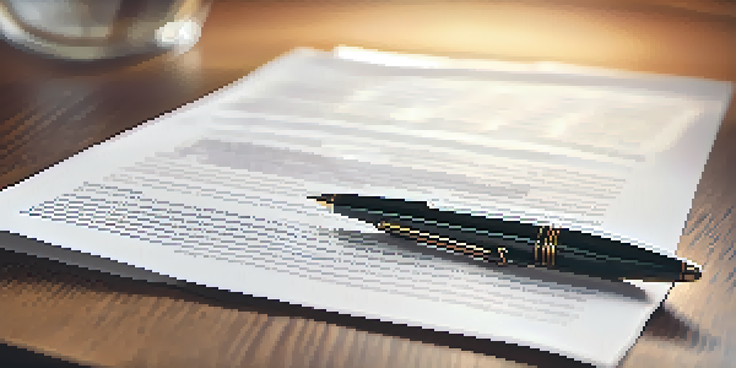 A close-up image of a real estate contract on a wooden table with a pen beside it, illuminated by soft light, in a cozy office setting.