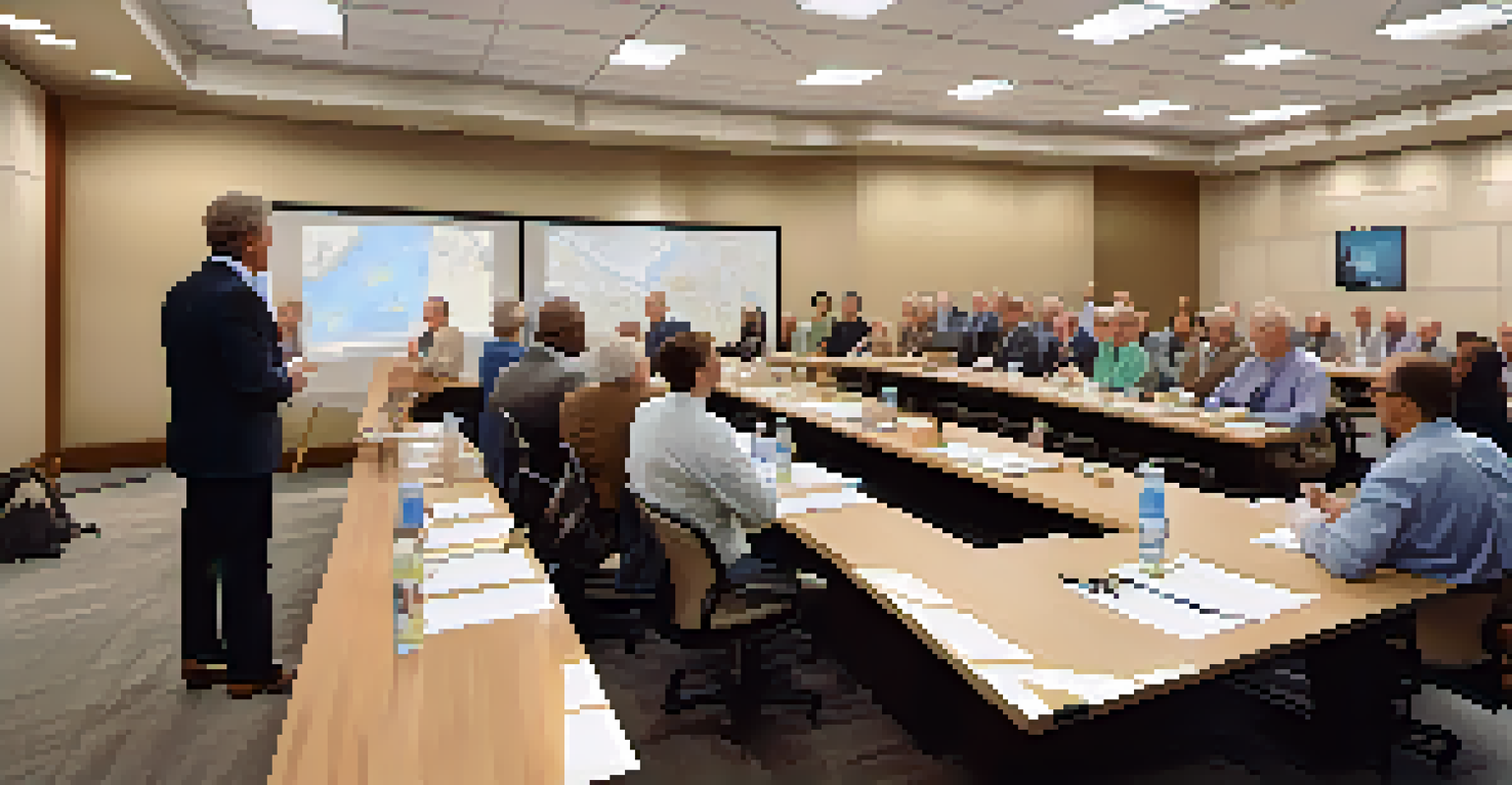A local zoning board meeting with people discussing development plans and zoning regulations.
