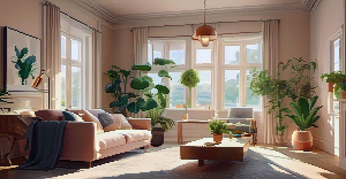 A warm and inviting living room with sunlight streaming through a window, showcasing a sofa and coffee table with real estate magazines.